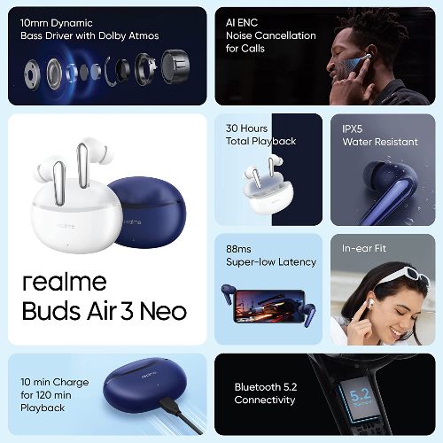 realme Buds Air 3 Wireless Earbuds, Active Noise Cancellation, 10mm Dynamic  Bass Boost Driver, Up to 30 Hours Playtime, IPX5 Water Resistance - (Blue)  